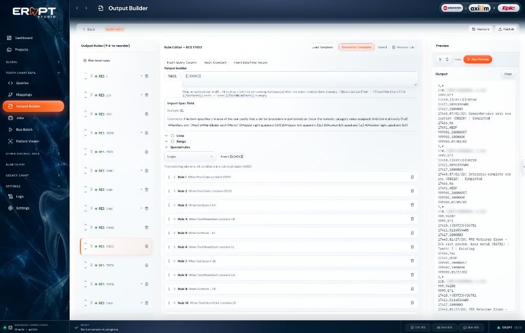 ERUPT Studio output builder with import-spec rules and a preview of Wisdom-compatible output