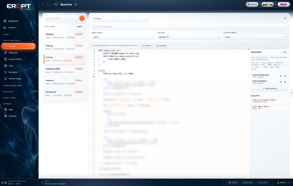 ERUPT Studio query editor with source-system parameters and SQL for existing treatment