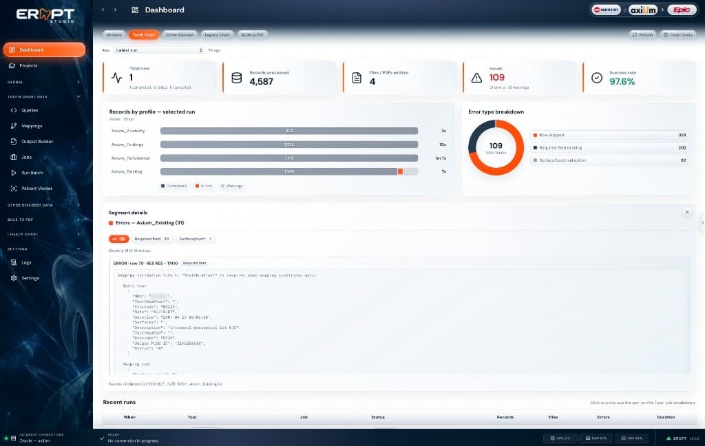 ERUPT Studio validation view showing mapping errors and row-level issue detail